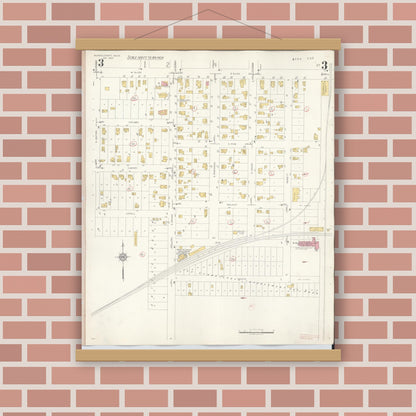 Old map wall art mockup — magnetic wood frame on brick wall — Sanborn Fire Insurance Map from Schoolcraft, Kalamazoo County, Michigan (1937), Sheet #0003