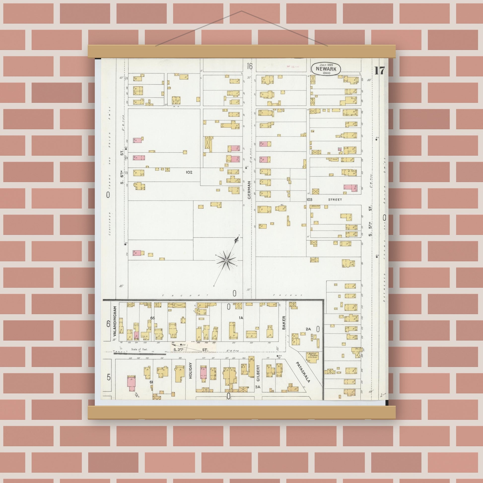 Old map wall art mockup — magnetic wood frame on brick wall — Sanborn Fire Insurance Map from Newark, Licking County, Ohio (1899), Sheet #0017