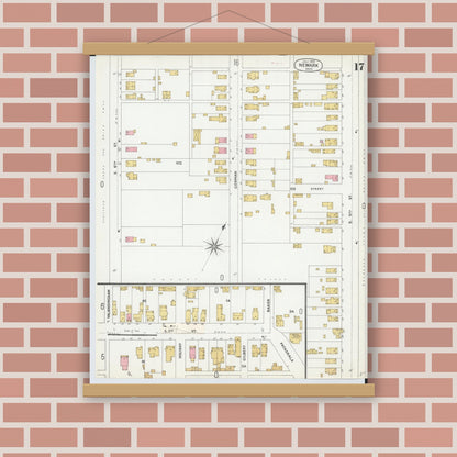 Old map wall art mockup — magnetic wood frame on brick wall — Sanborn Fire Insurance Map from Newark, Licking County, Ohio (1899), Sheet #0017