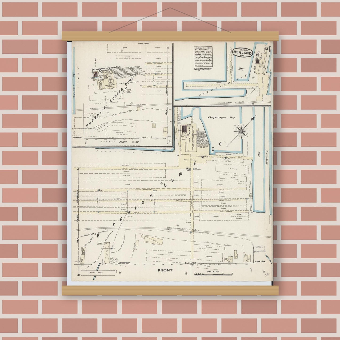 Old map wall art mockup — magnetic wood frame on brick wall — Sanborn Fire Insurance Map from Ashland, Ashland County, Wisconsin (1884), Sheet #0004