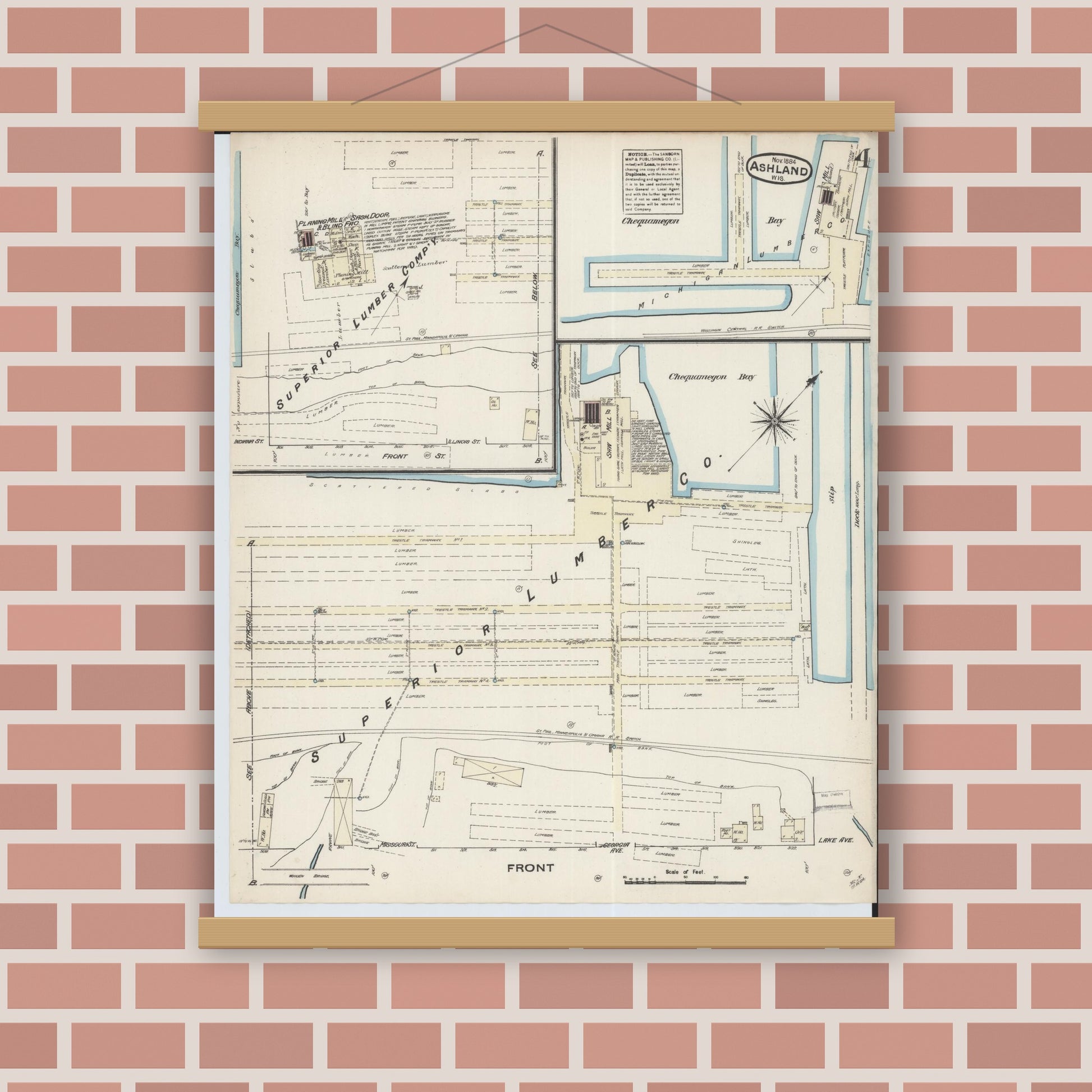 Old map wall art mockup — magnetic wood frame on brick wall — Sanborn Fire Insurance Map from Ashland, Ashland County, Wisconsin (1884), Sheet #0004