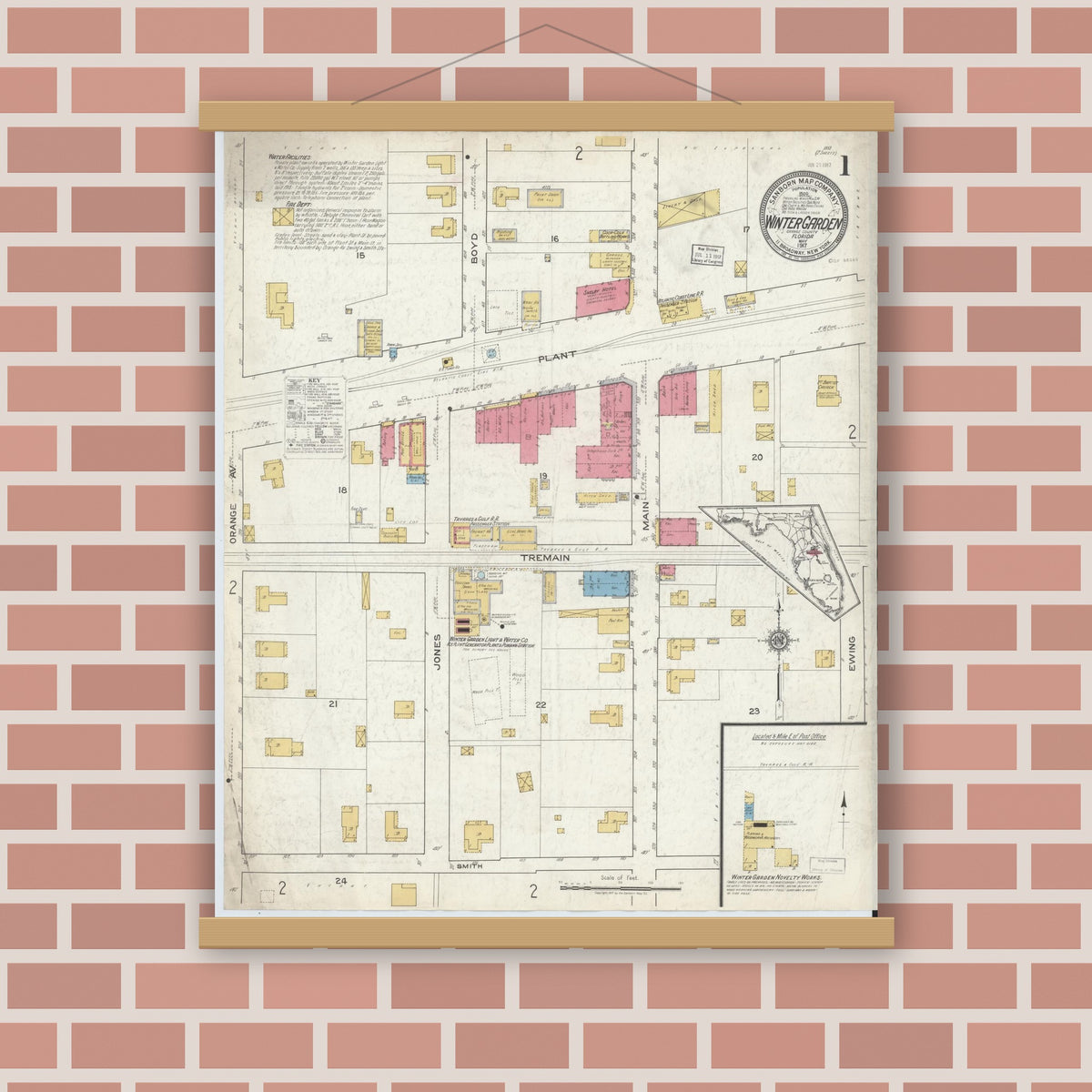 Old map wall art mockup — magnetic wood frame on brick wall — Sanborn Fire Insurance Map from Winter Garden, Orange County, Florida (1917), Sheet #0001