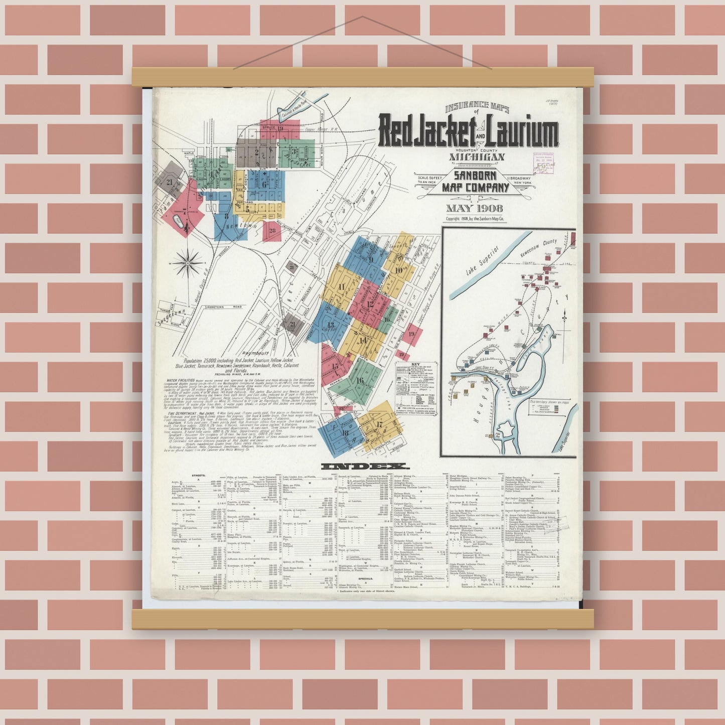 Old map wall art mockup — magnetic wood frame on brick wall — Sanborn Fire Insurance Map from Red Jacket, Houghton County, Michigan (1908), Sheet #0001
