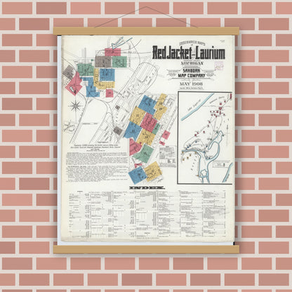 Old map wall art mockup — magnetic wood frame on brick wall — Sanborn Fire Insurance Map from Red Jacket, Houghton County, Michigan (1908), Sheet #0001