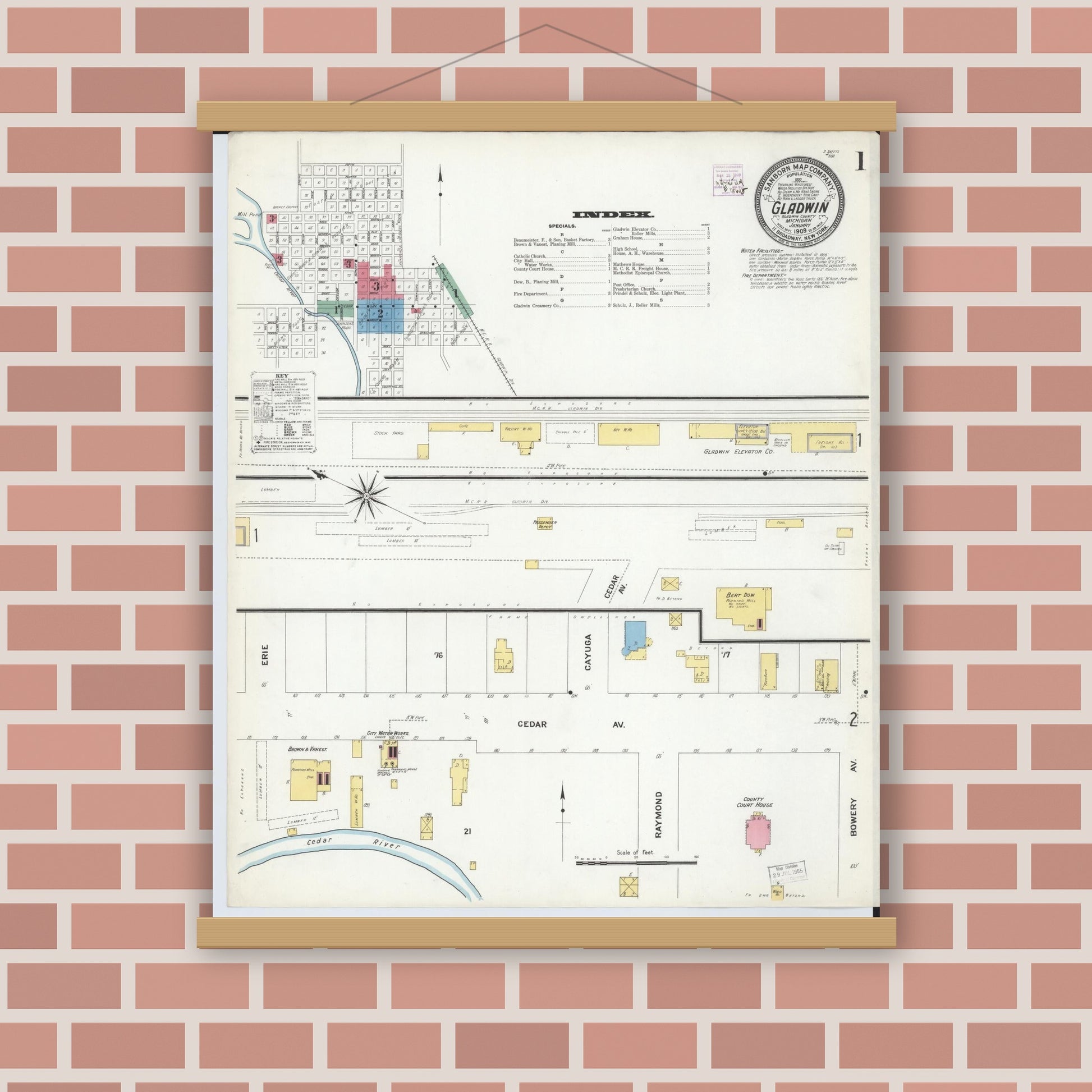Old map wall art mockup — magnetic wood frame on brick wall — Sanborn Fire Insurance Map from Gladwin, Gladwin County, Michigan (1909) - Complete Map Set