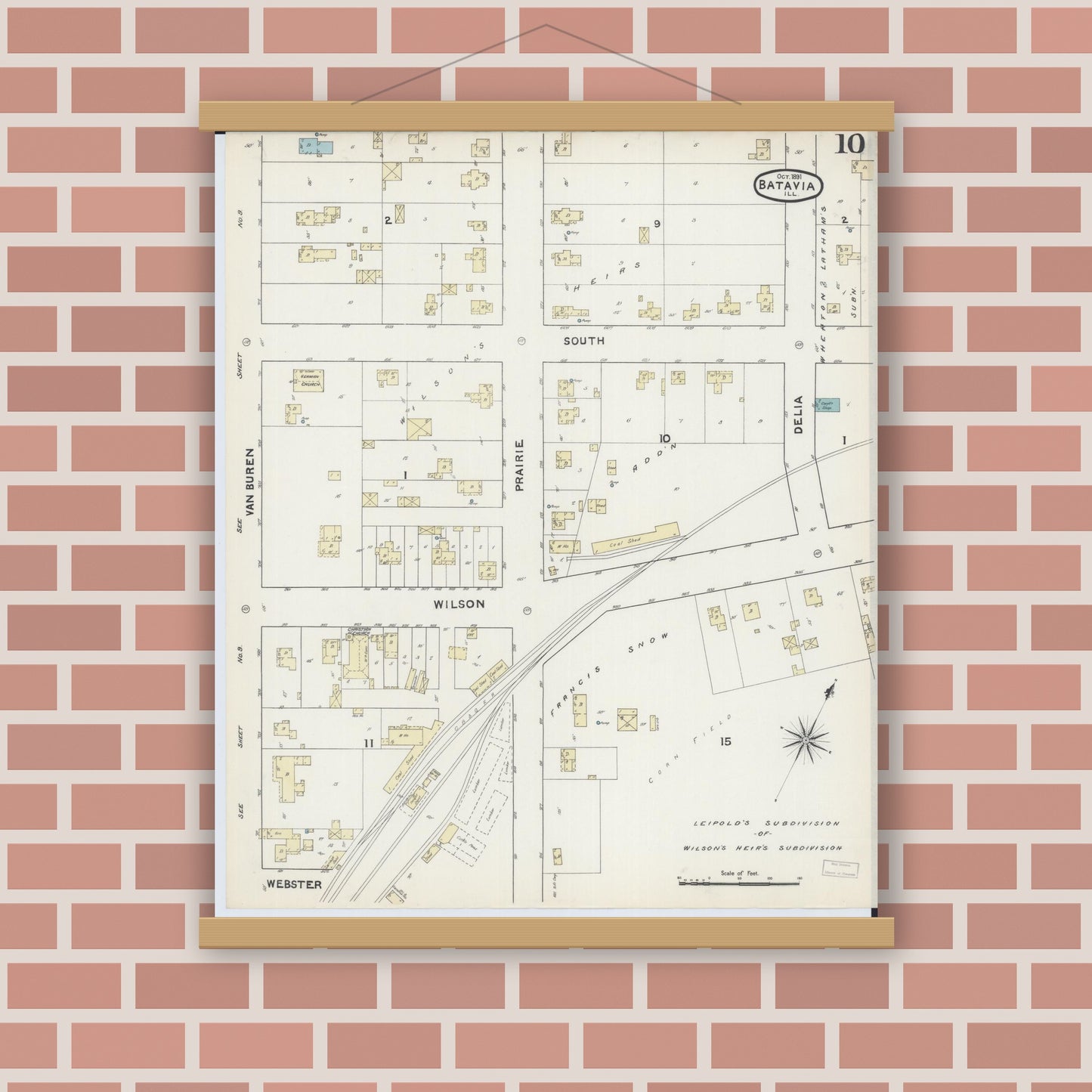Old map wall art mockup — magnetic wood frame on brick wall — Sanborn Fire Insurance Map from Batavia, Kane County, Illinois (1891), Sheet #0010