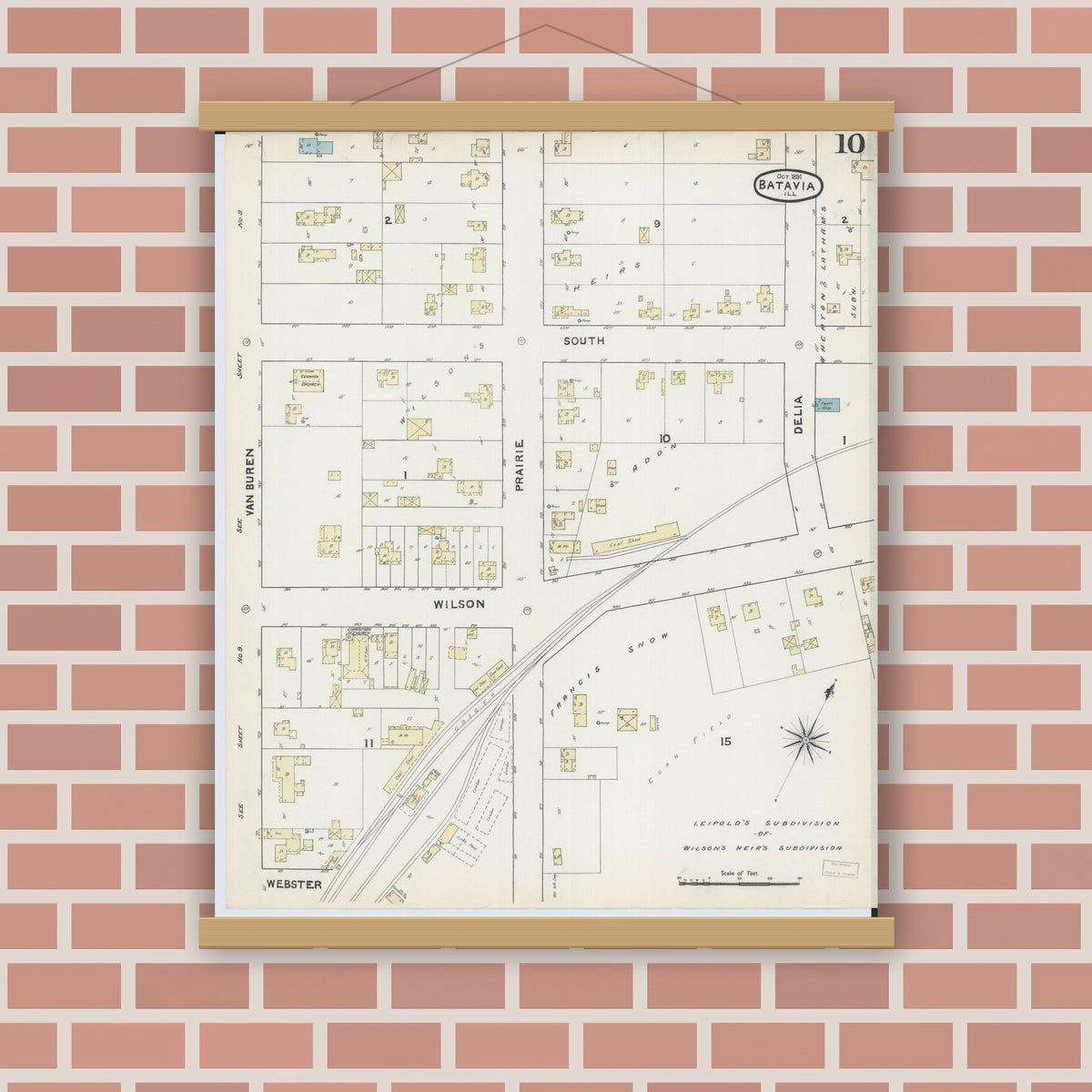 Old map wall art mockup — magnetic wood frame on brick wall — Sanborn Fire Insurance Map from Batavia, Kane County, Illinois (1891), Sheet #0010