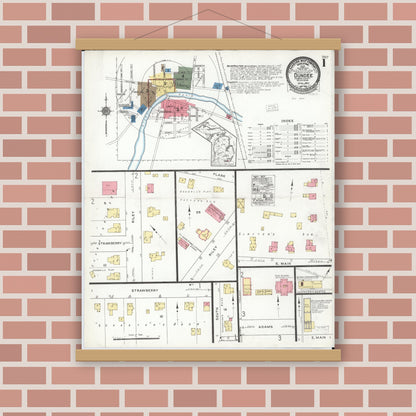 Old map wall art mockup — magnetic wood frame on brick wall — Sanborn Fire Insurance Map from Dundee, Monroe County, Michigan (1923) - Complete Map Set