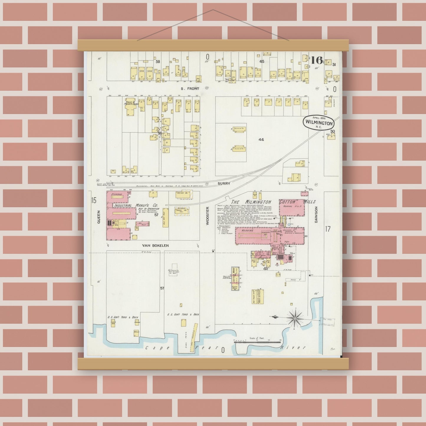 Old map wall art mockup — magnetic wood frame on brick wall — Sanborn Fire Insurance Map from Wilmington, New Hanover County, North Carolina (1898), Sheet #0016