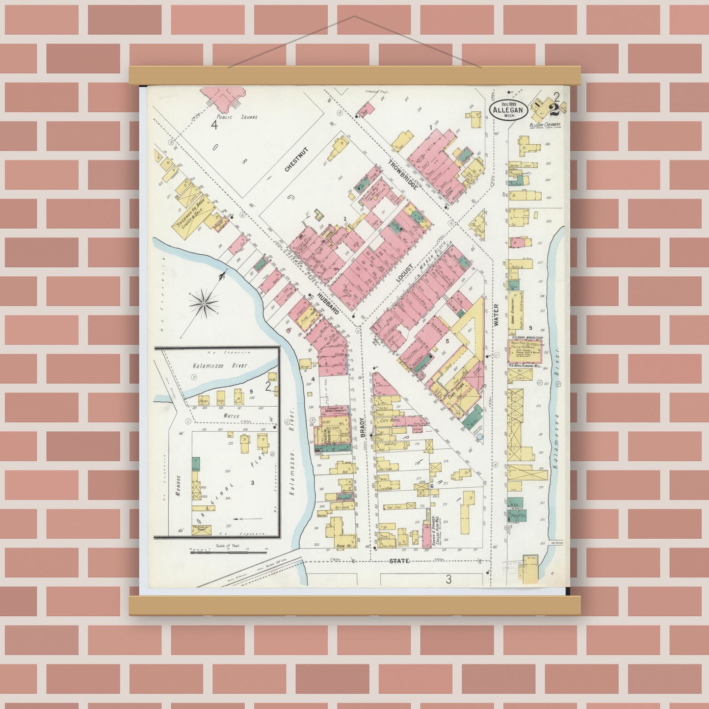 Old map wall art mockup — magnetic wood frame on brick wall — Sanborn Fire Insurance Map from Allegan, Allegan County, Michigan (1899), Sheet #0002