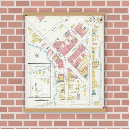 Old map wall art mockup — magnetic wood frame on brick wall — Sanborn Fire Insurance Map from Allegan, Allegan County, Michigan (1899), Sheet #0002