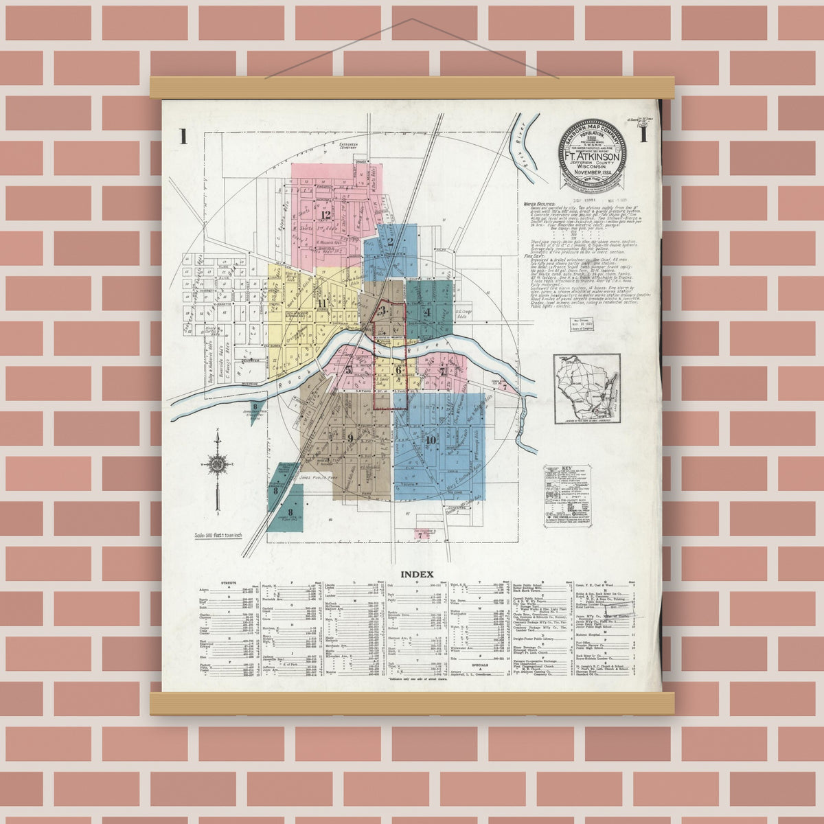 Old map wall art mockup — magnetic wood frame on brick wall — Sanborn Fire Insurance Map from Fort Atkinson, Jefferson County, Wisconsin (1924) - Complete Map Set