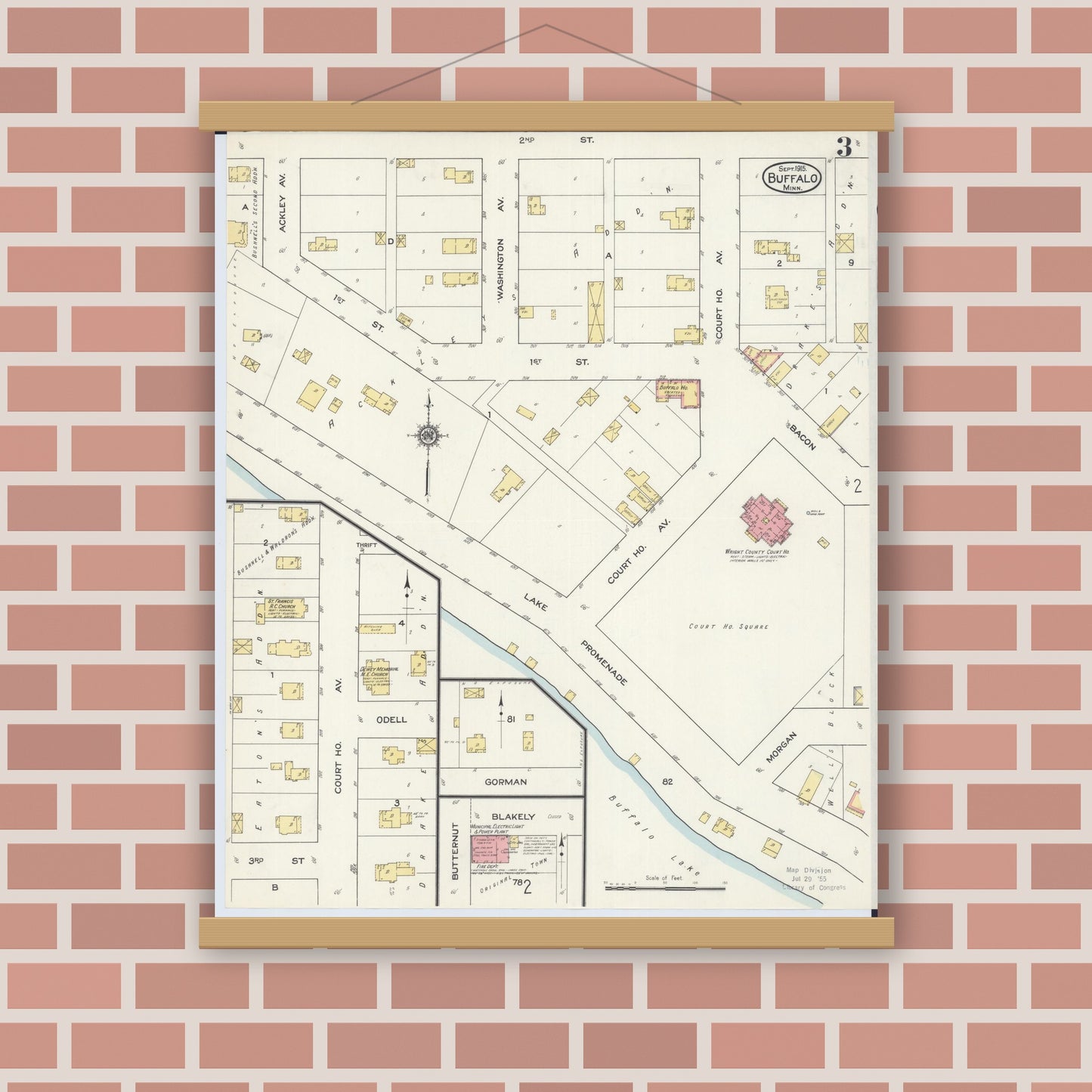 Old map wall art mockup — magnetic wood frame on brick wall — Sanborn Fire Insurance Map from Buffalo, Wright County, Minnesota (1915), Sheet #0003