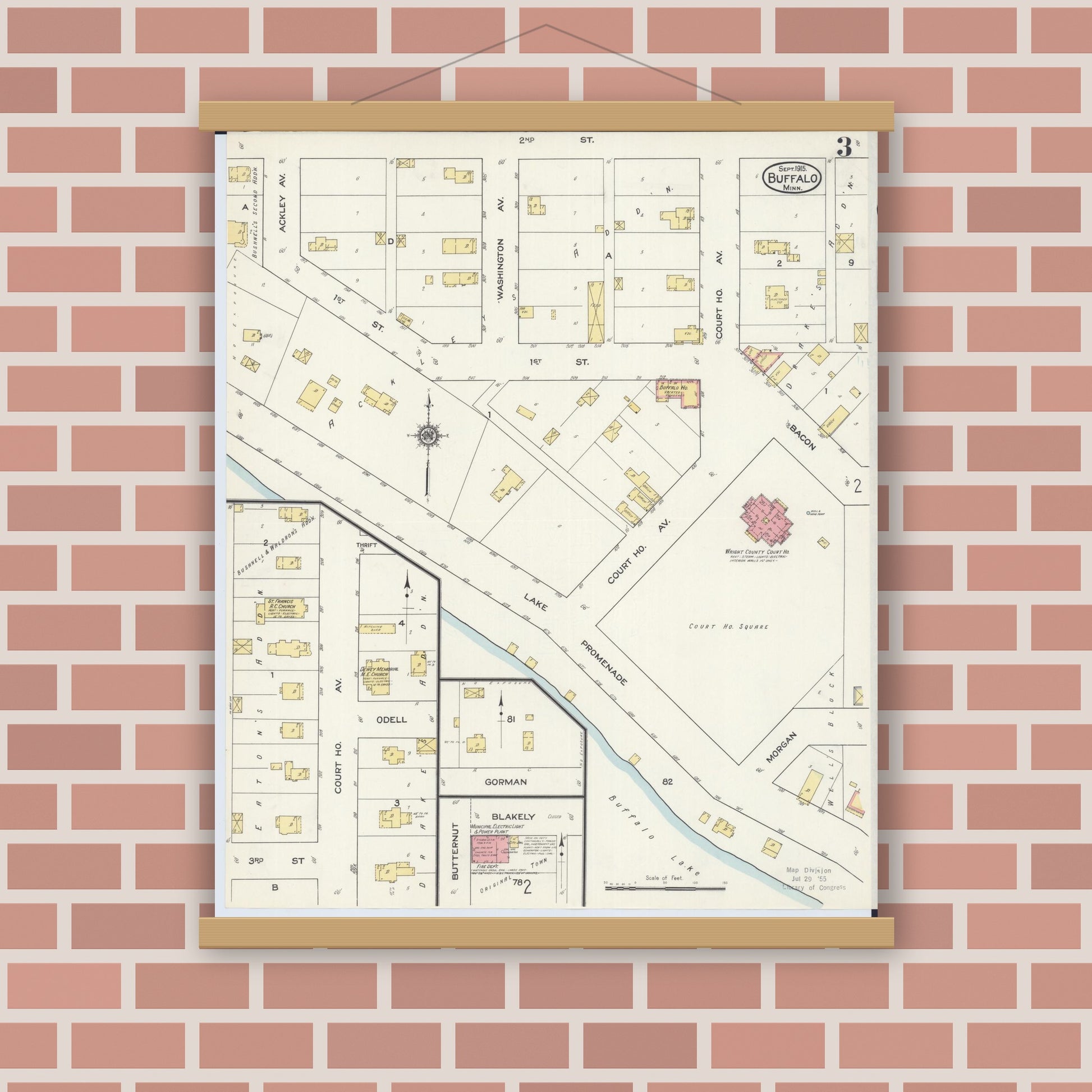Old map wall art mockup — magnetic wood frame on brick wall — Sanborn Fire Insurance Map from Buffalo, Wright County, Minnesota (1915), Sheet #0003