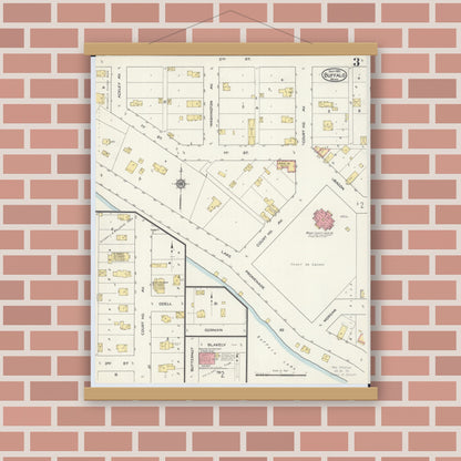 Old map wall art mockup — magnetic wood frame on brick wall — Sanborn Fire Insurance Map from Buffalo, Wright County, Minnesota (1915), Sheet #0003