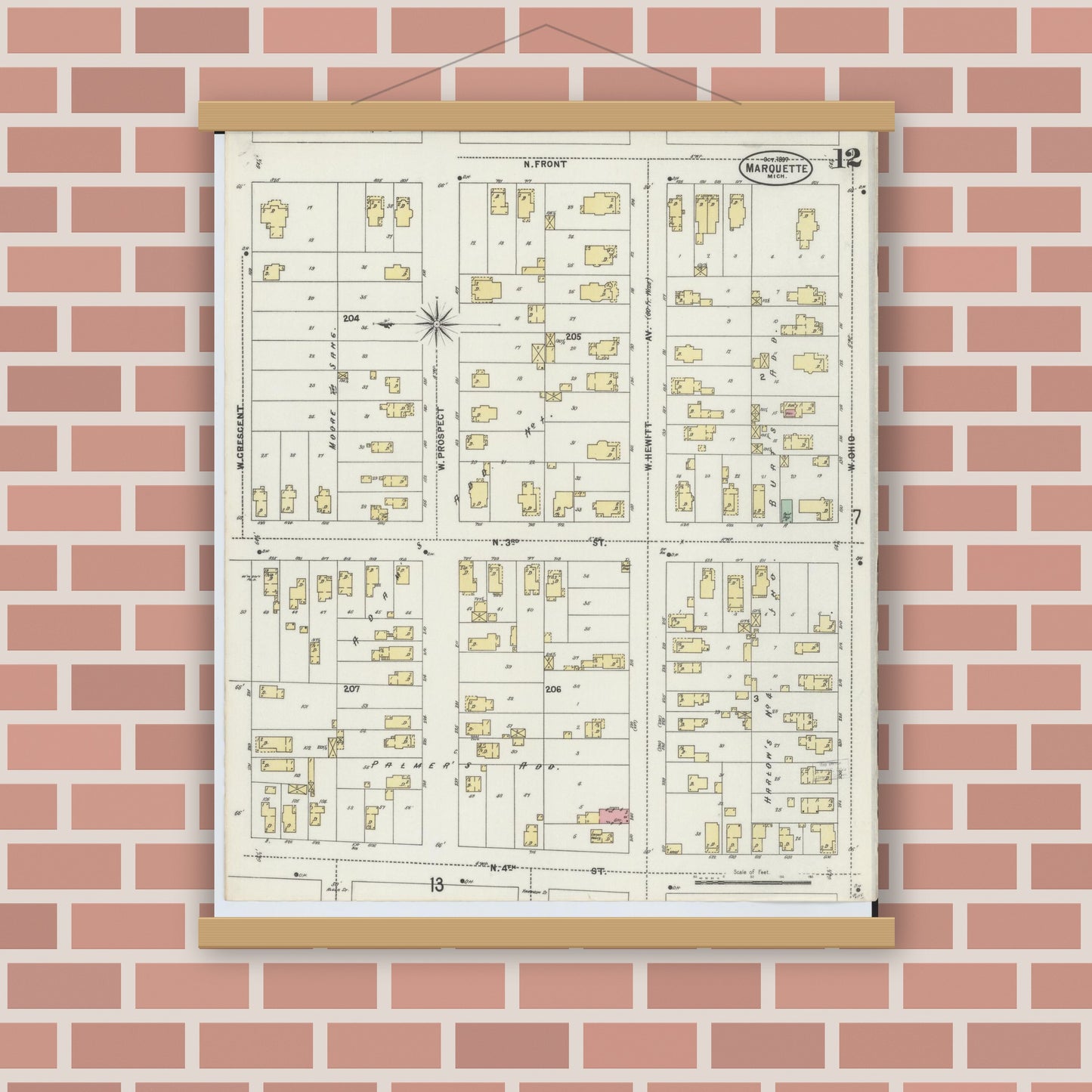 Old map wall art mockup — magnetic wood frame on brick wall — Sanborn Fire Insurance Map from Marquette, Marquette County, Michigan (1897), Sheet #0012