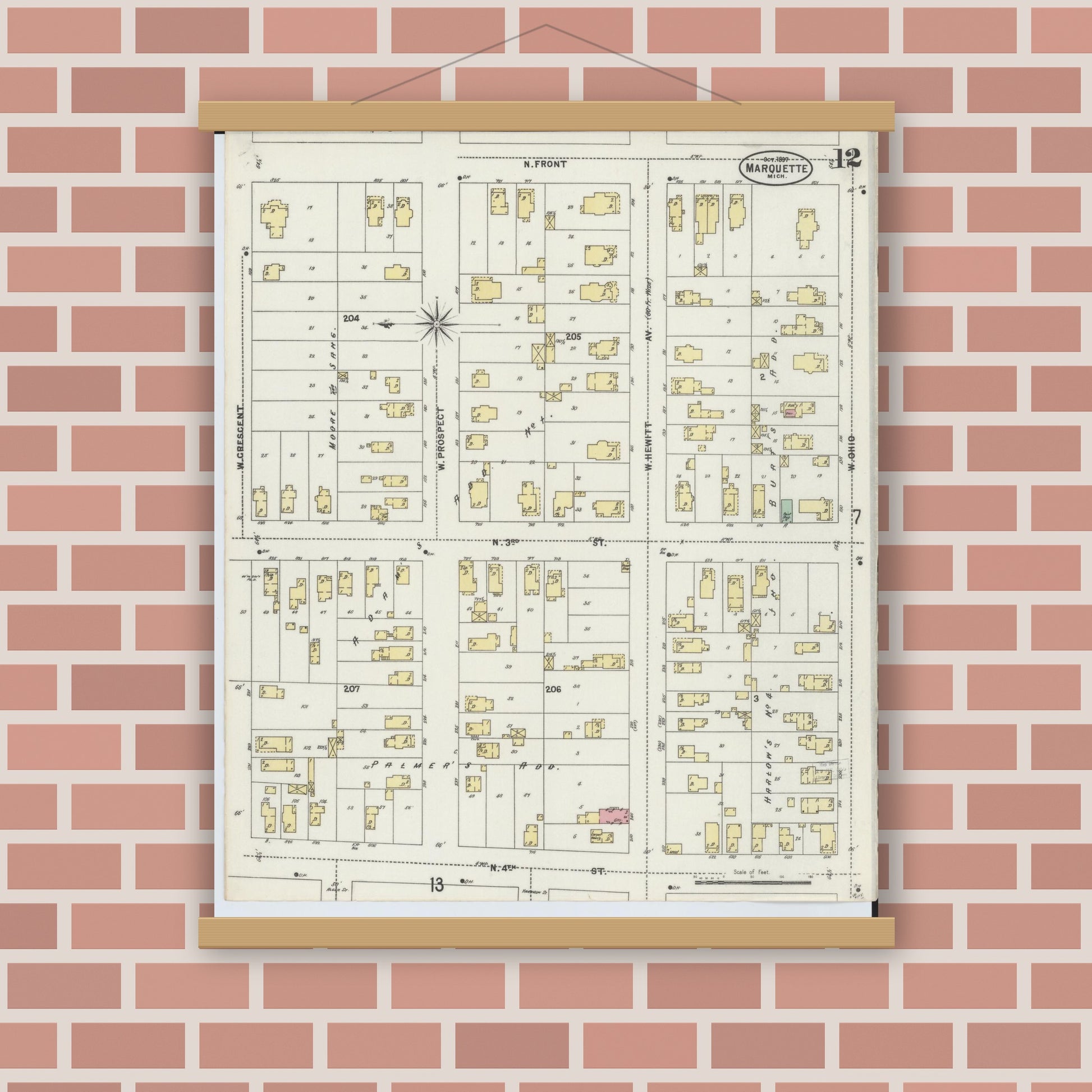 Old map wall art mockup — magnetic wood frame on brick wall — Sanborn Fire Insurance Map from Marquette, Marquette County, Michigan (1897), Sheet #0012