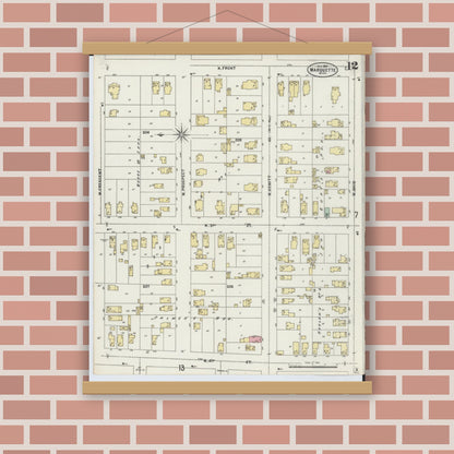 Old map wall art mockup — magnetic wood frame on brick wall — Sanborn Fire Insurance Map from Marquette, Marquette County, Michigan (1897), Sheet #0012