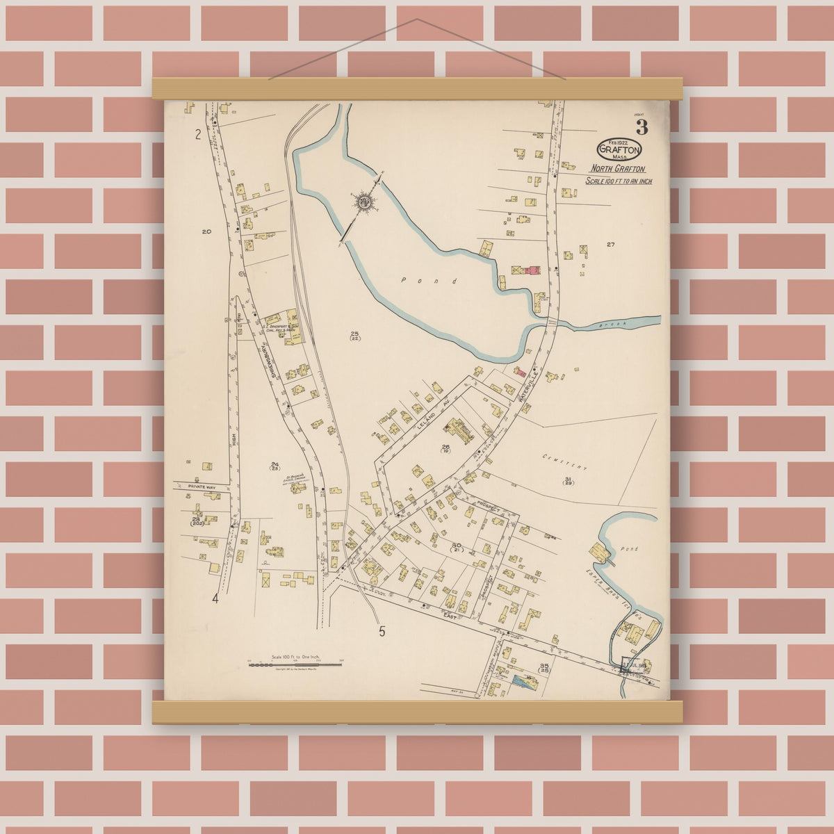 Old map wall art mockup — magnetic wood frame on brick wall — Sanborn Fire Insurance Map from Grafton, Worcester County, Massachusetts (1922), Sheet #0003