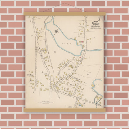 Old map wall art mockup — magnetic wood frame on brick wall — Sanborn Fire Insurance Map from Grafton, Worcester County, Massachusetts (1922), Sheet #0003