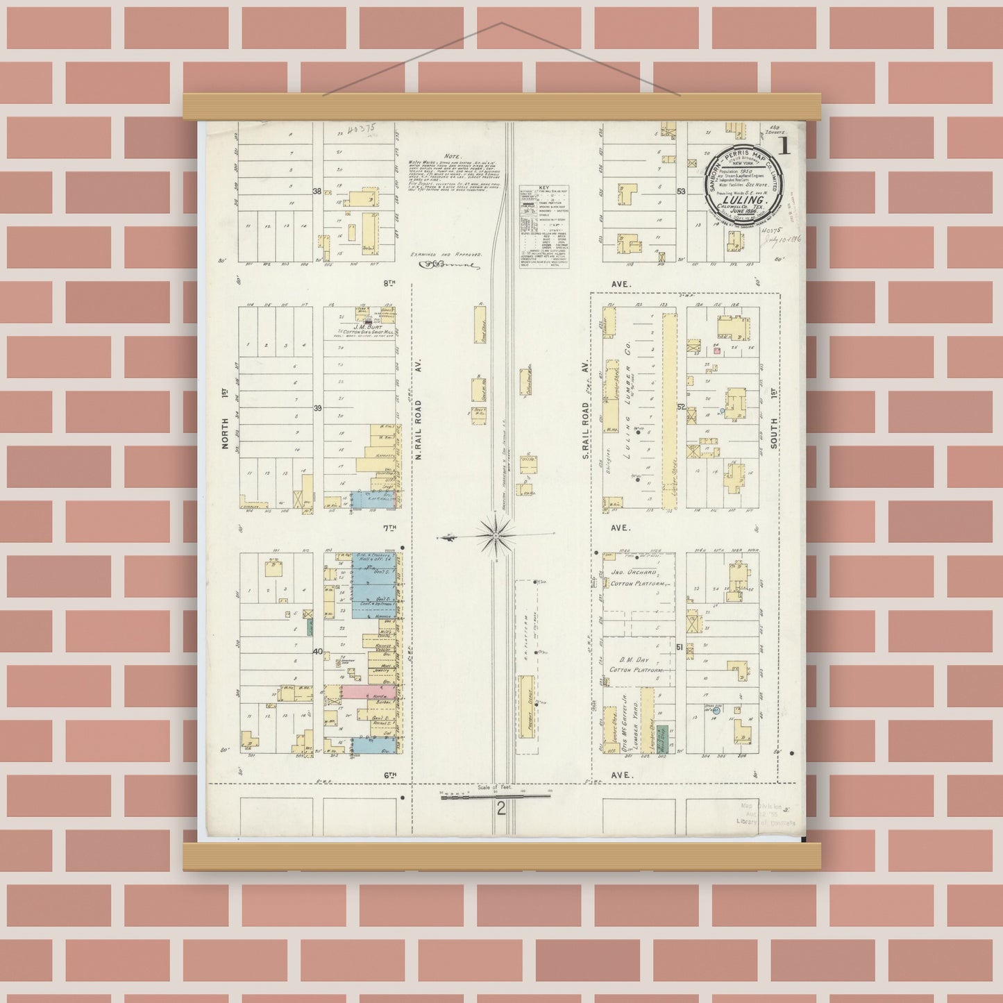 Old map wall art mockup — magnetic wood frame on brick wall — Sanborn Fire Insurance Map from Luling, Caldwell County, Texas (1896), Sheet #0001