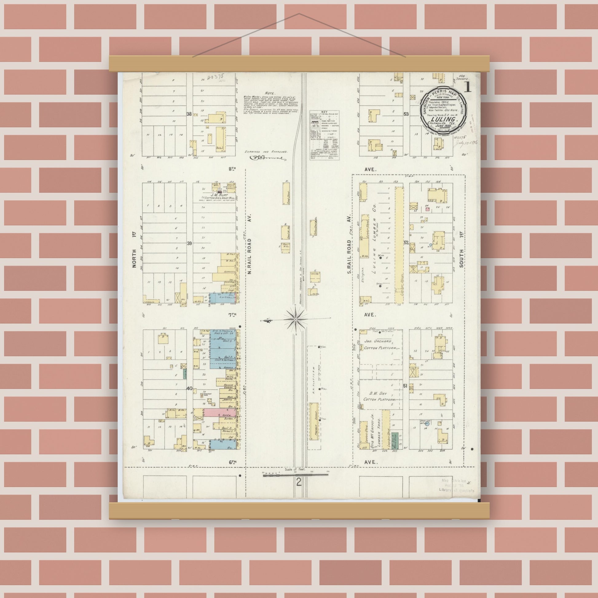Old map wall art mockup — magnetic wood frame on brick wall — Sanborn Fire Insurance Map from Luling, Caldwell County, Texas (1896), Sheet #0001