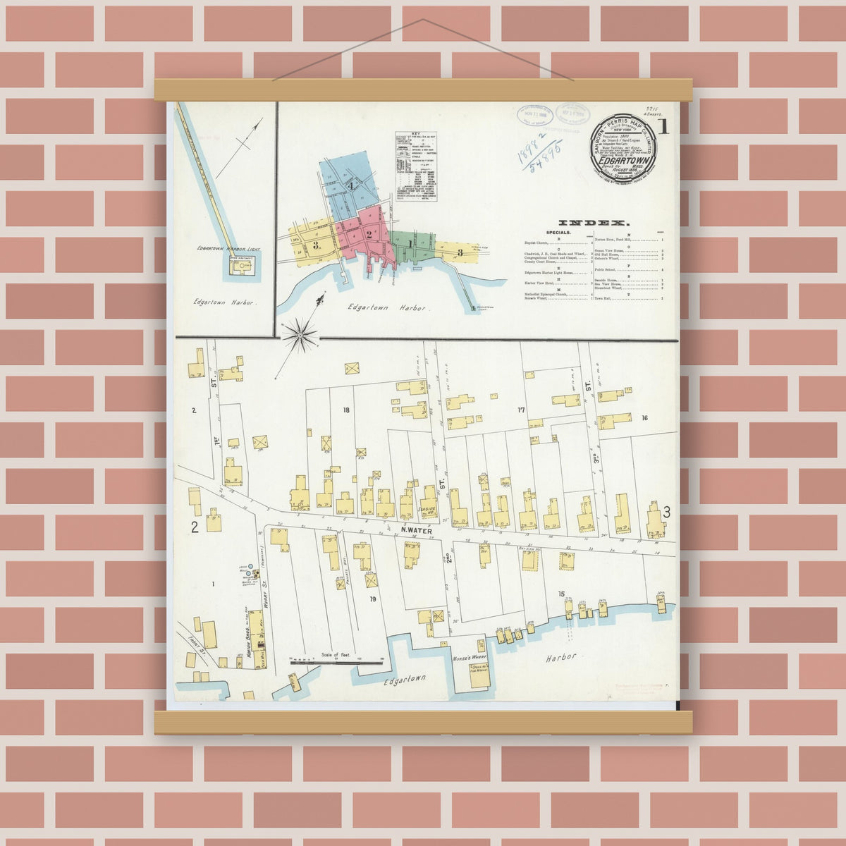 Old map wall art mockup — magnetic wood frame on brick wall — Sanborn Fire Insurance Map from Edgartown, Dukes County, Massachusetts (1898) - Complete Map Set