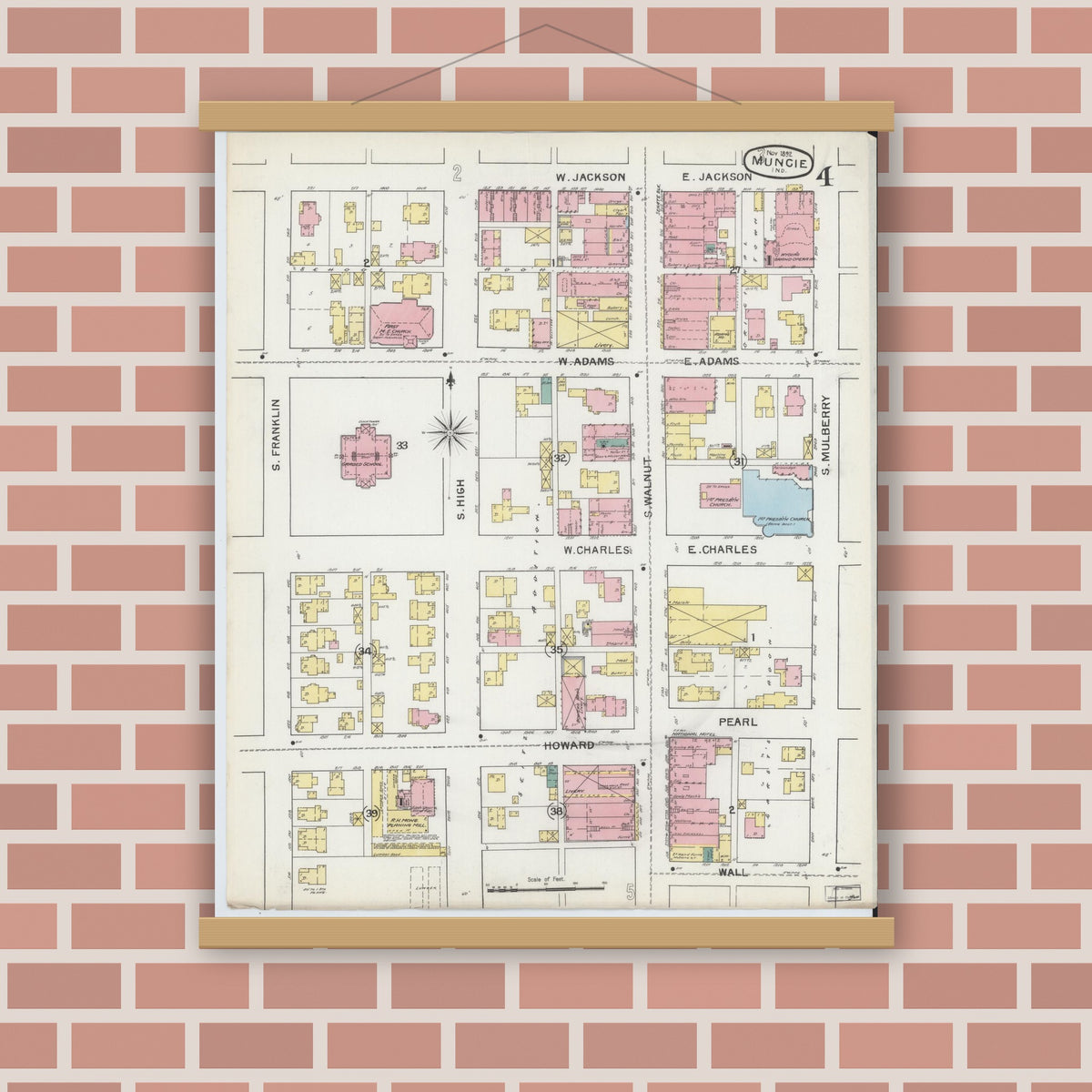Old map wall art mockup — magnetic wood frame on brick wall — Sanborn Fire Insurance Map from Muncie, Delaware County, Indiana (1892), Sheet #0004