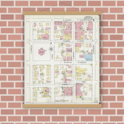 Old map wall art mockup — magnetic wood frame on brick wall — Sanborn Fire Insurance Map from Muncie, Delaware County, Indiana (1892), Sheet #0004