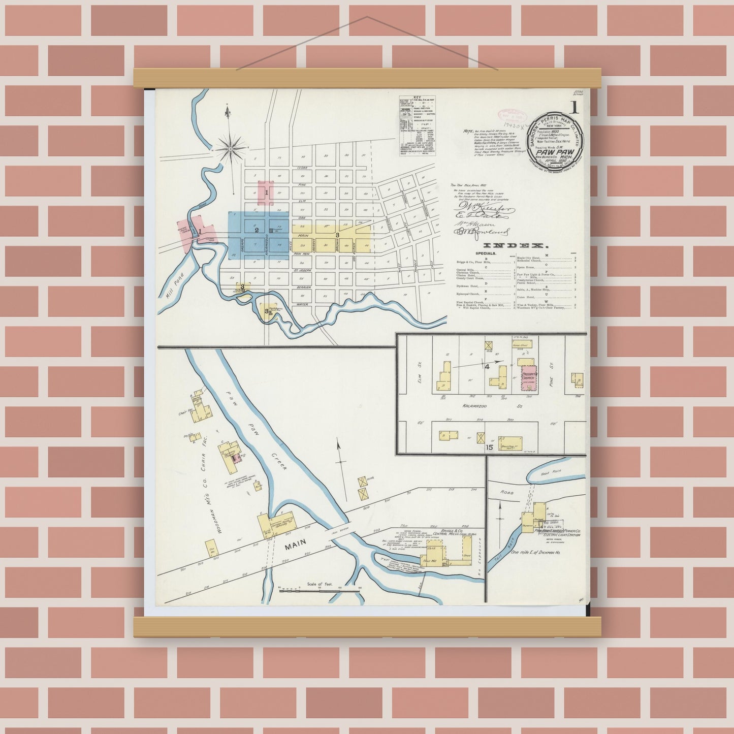 Old map wall art mockup — magnetic wood frame on brick wall — Sanborn Fire Insurance Map from Paw Paw, Van Buren County, Michigan (1892) - Complete Map Set