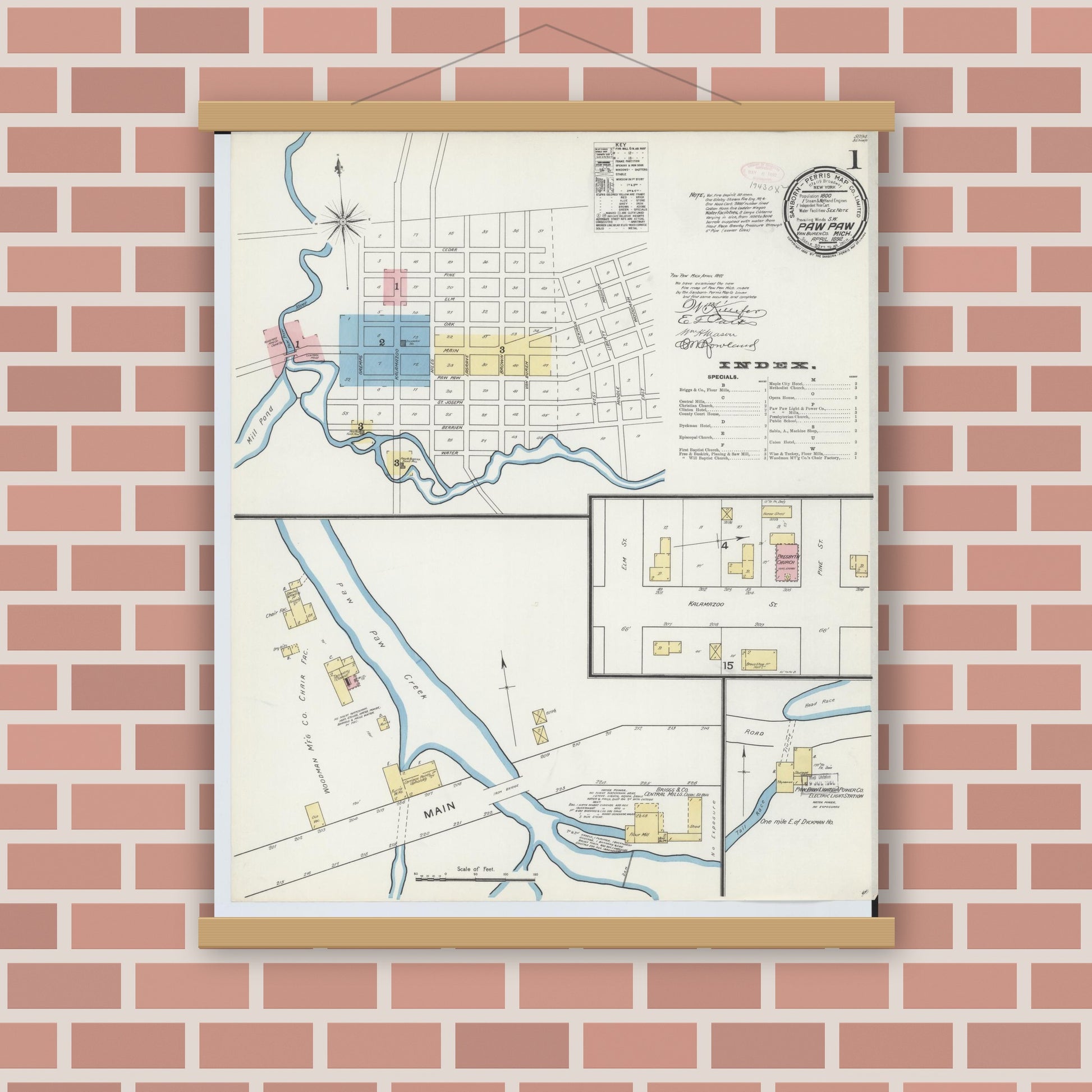 Old map wall art mockup — magnetic wood frame on brick wall — Sanborn Fire Insurance Map from Paw Paw, Van Buren County, Michigan (1892) - Complete Map Set