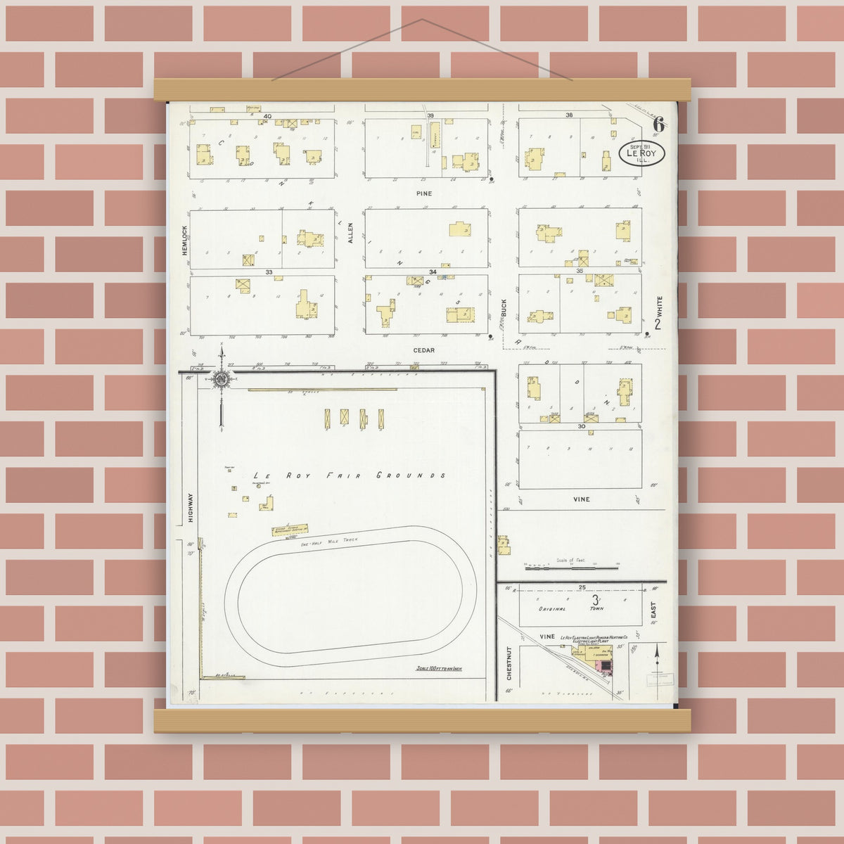 Old map wall art mockup — magnetic wood frame on brick wall — Sanborn Fire Insurance Map from Leroy, McLean County, Illinois (1911), Sheet #0006