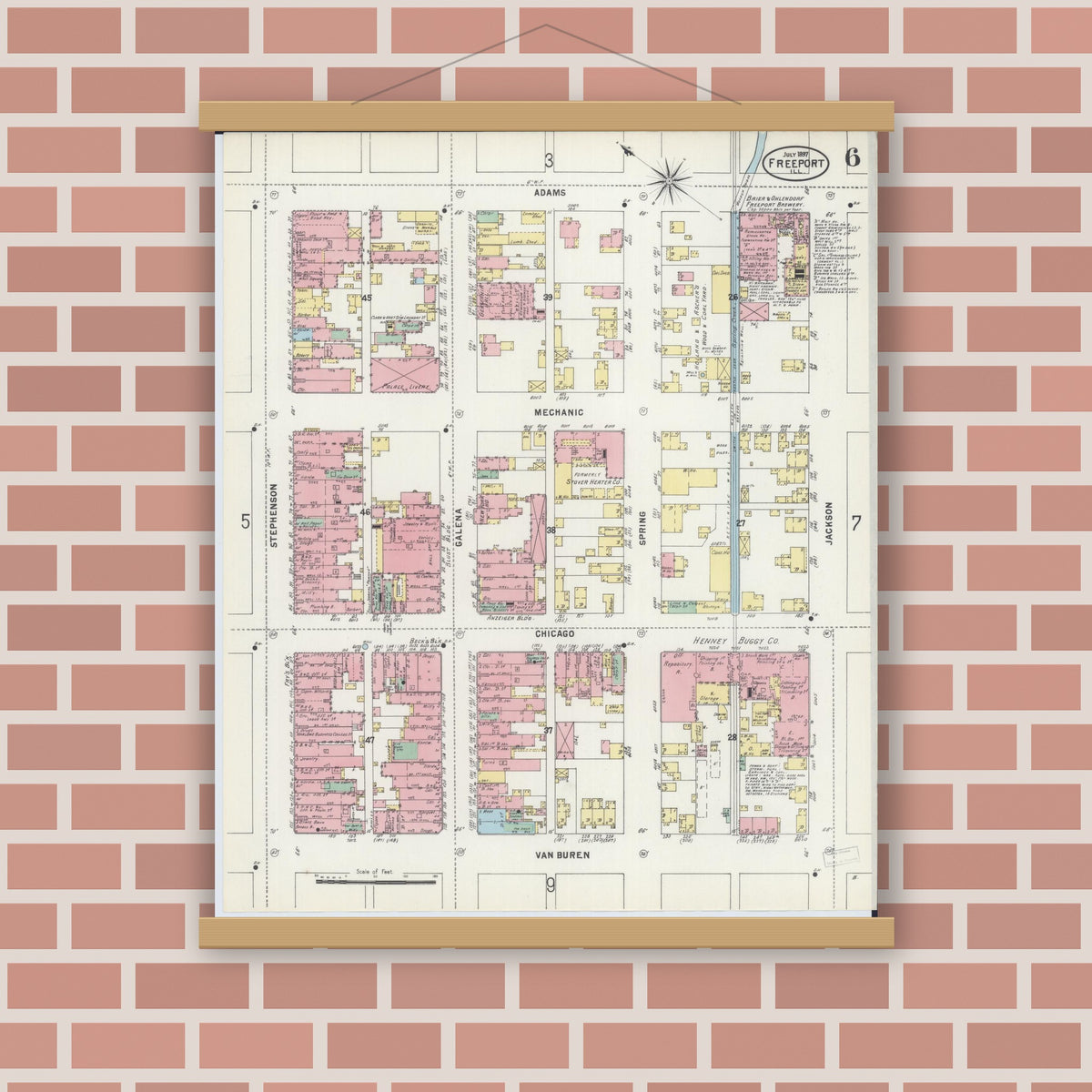 Old map wall art mockup — magnetic wood frame on brick wall — Sanborn Fire Insurance Map from Freeport, Stephenson County, Illinois (1897), Sheet #0006