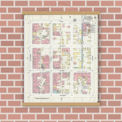 Old map wall art mockup — magnetic wood frame on brick wall — Sanborn Fire Insurance Map from Freeport, Stephenson County, Illinois (1897), Sheet #0006