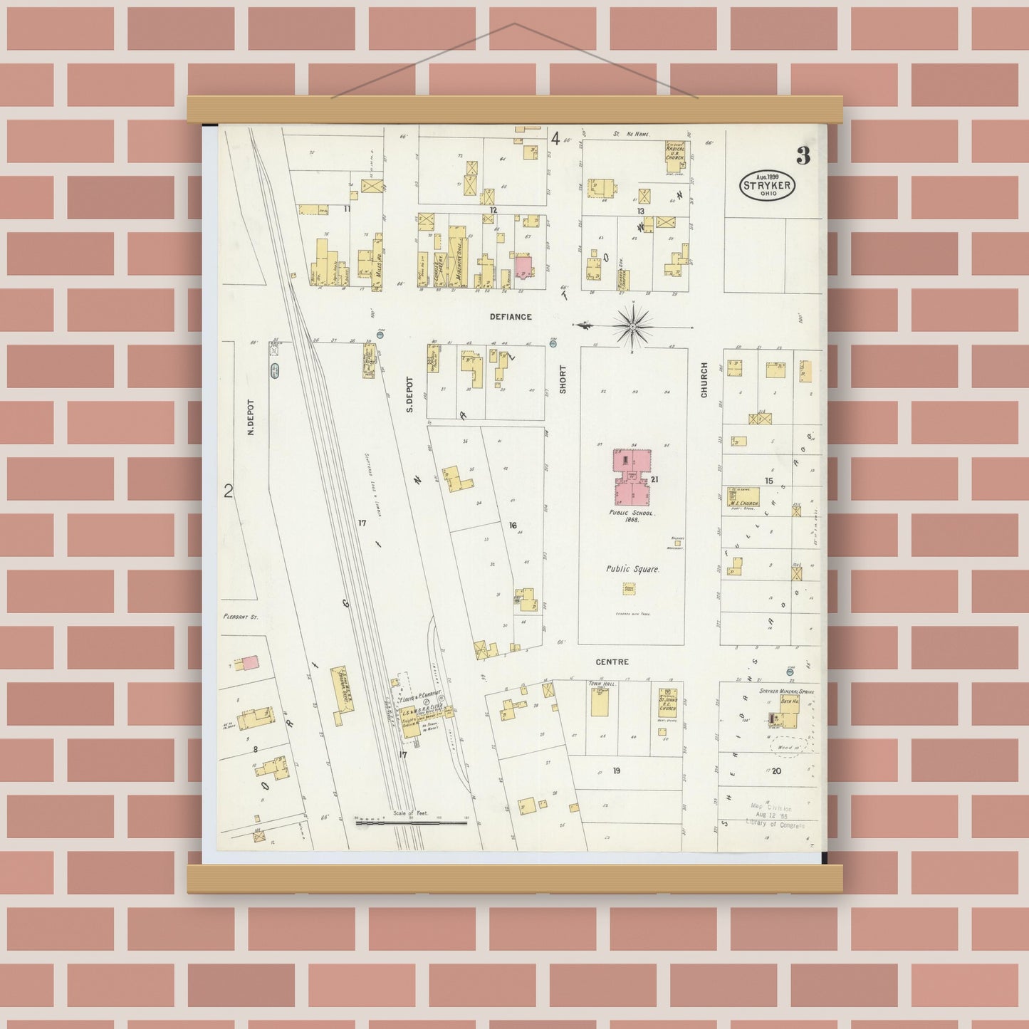 Old map wall art mockup — magnetic wood frame on brick wall — Sanborn Fire Insurance Map from Stryker, Williams County, Ohio (1899), Sheet #0003