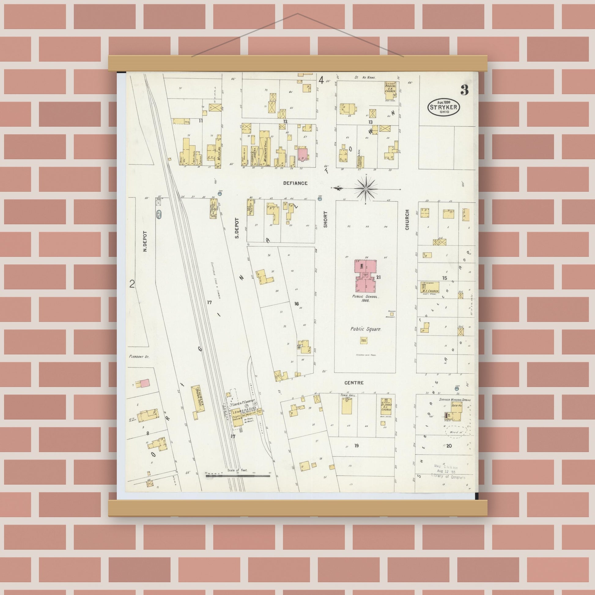 Old map wall art mockup — magnetic wood frame on brick wall — Sanborn Fire Insurance Map from Stryker, Williams County, Ohio (1899), Sheet #0003