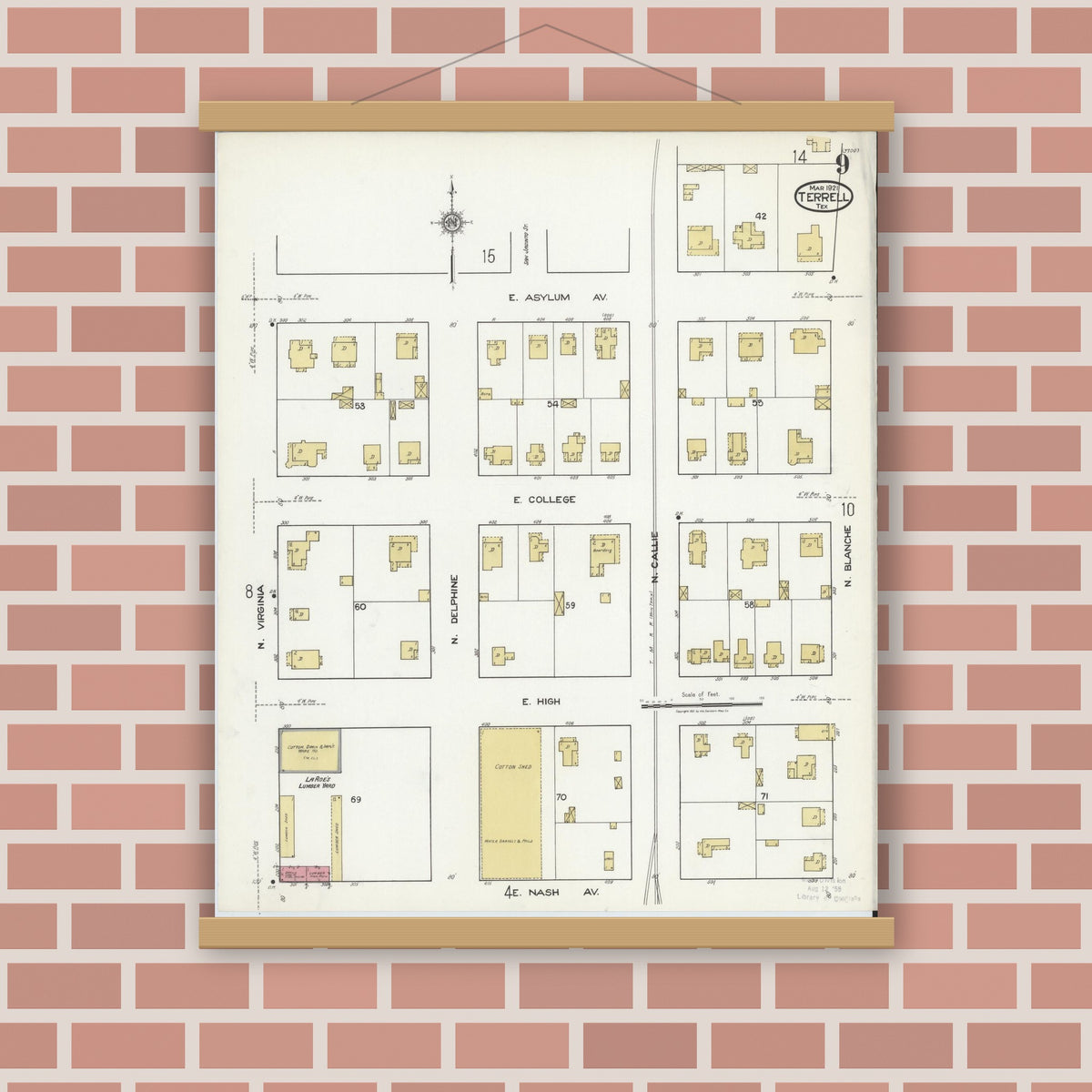 Old map wall art mockup — magnetic wood frame on brick wall — Sanborn Fire Insurance Map from Terrell, Kaufman County, Texas (1921), Sheet #0009