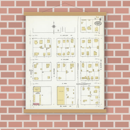 Old map wall art mockup — magnetic wood frame on brick wall — Sanborn Fire Insurance Map from Terrell, Kaufman County, Texas (1921), Sheet #0009