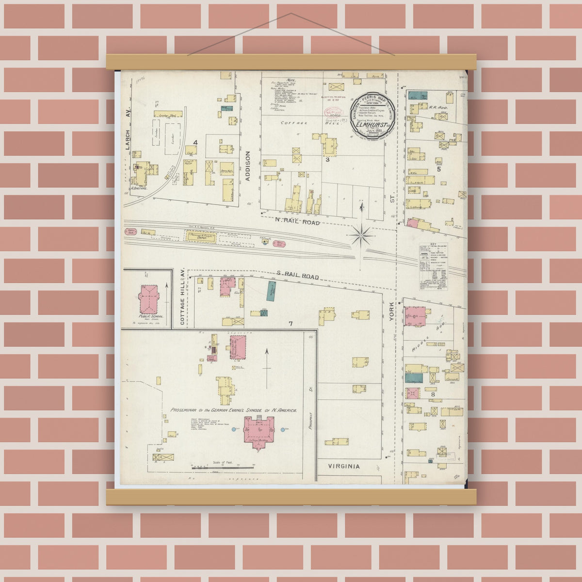 Old map wall art mockup — magnetic wood frame on brick wall — Sanborn Fire Insurance Map from Elmhurst, Du Page County, Illinois (1893), Sheet #0001