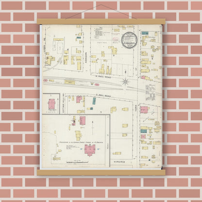 Old map wall art mockup — magnetic wood frame on brick wall — Sanborn Fire Insurance Map from Elmhurst, Du Page County, Illinois (1893), Sheet #0001