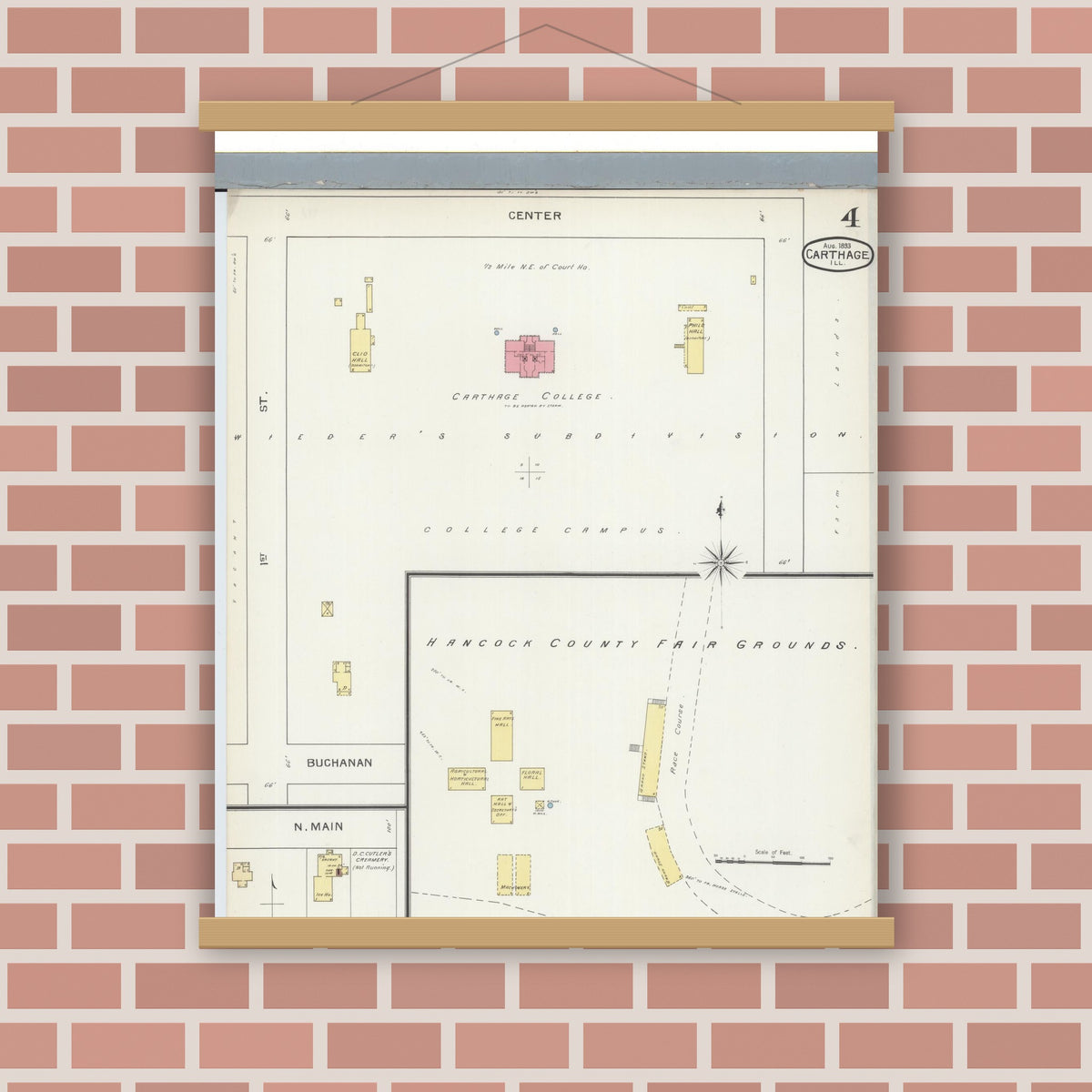 Old map wall art mockup — magnetic wood frame on brick wall — Sanborn Fire Insurance Map from Carthage, Hancock County, Illinois (1893), Sheet #0004