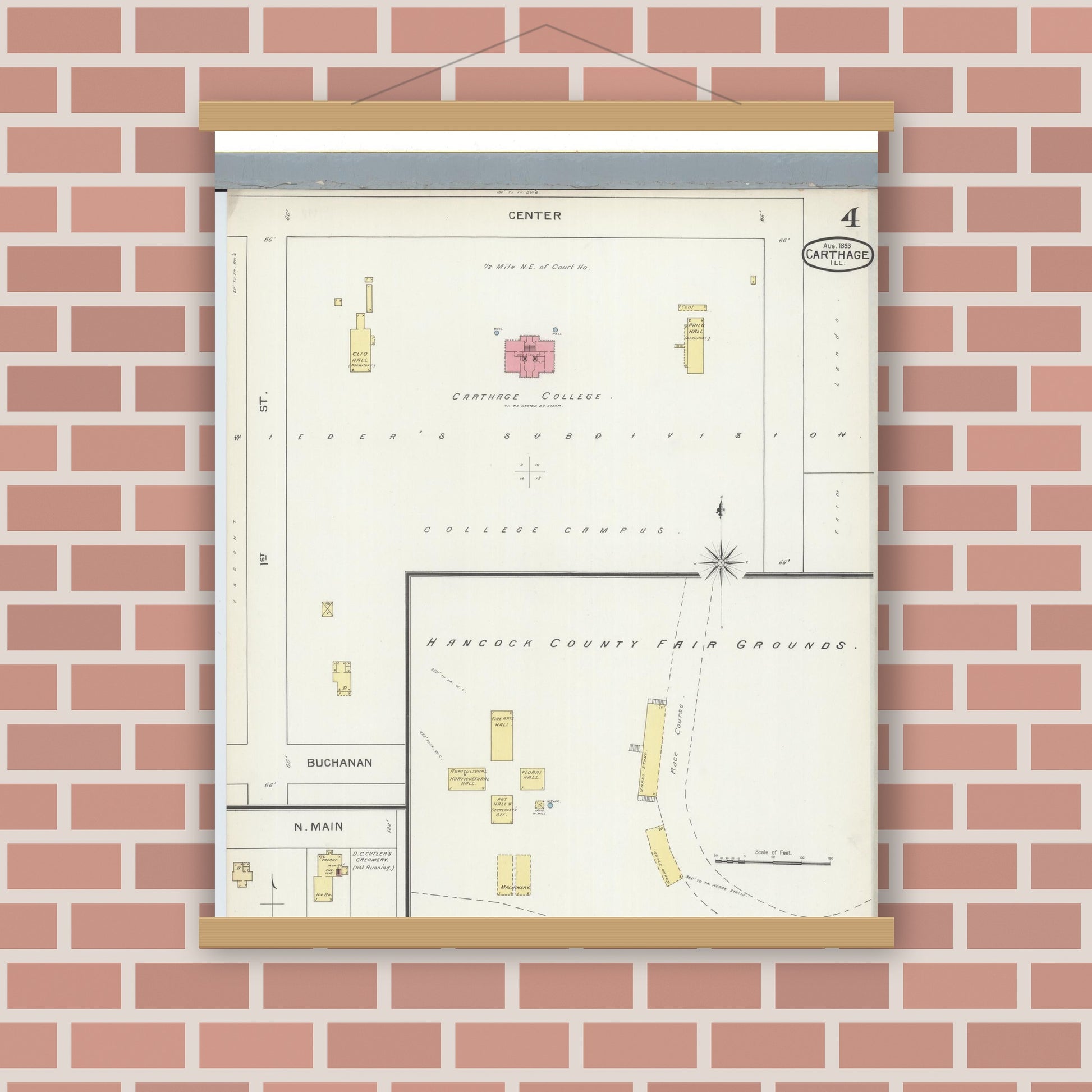 Old map wall art mockup — magnetic wood frame on brick wall — Sanborn Fire Insurance Map from Carthage, Hancock County, Illinois (1893), Sheet #0004