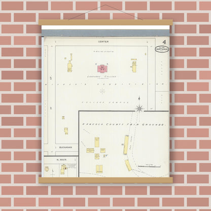 Old map wall art mockup — magnetic wood frame on brick wall — Sanborn Fire Insurance Map from Carthage, Hancock County, Illinois (1893), Sheet #0004