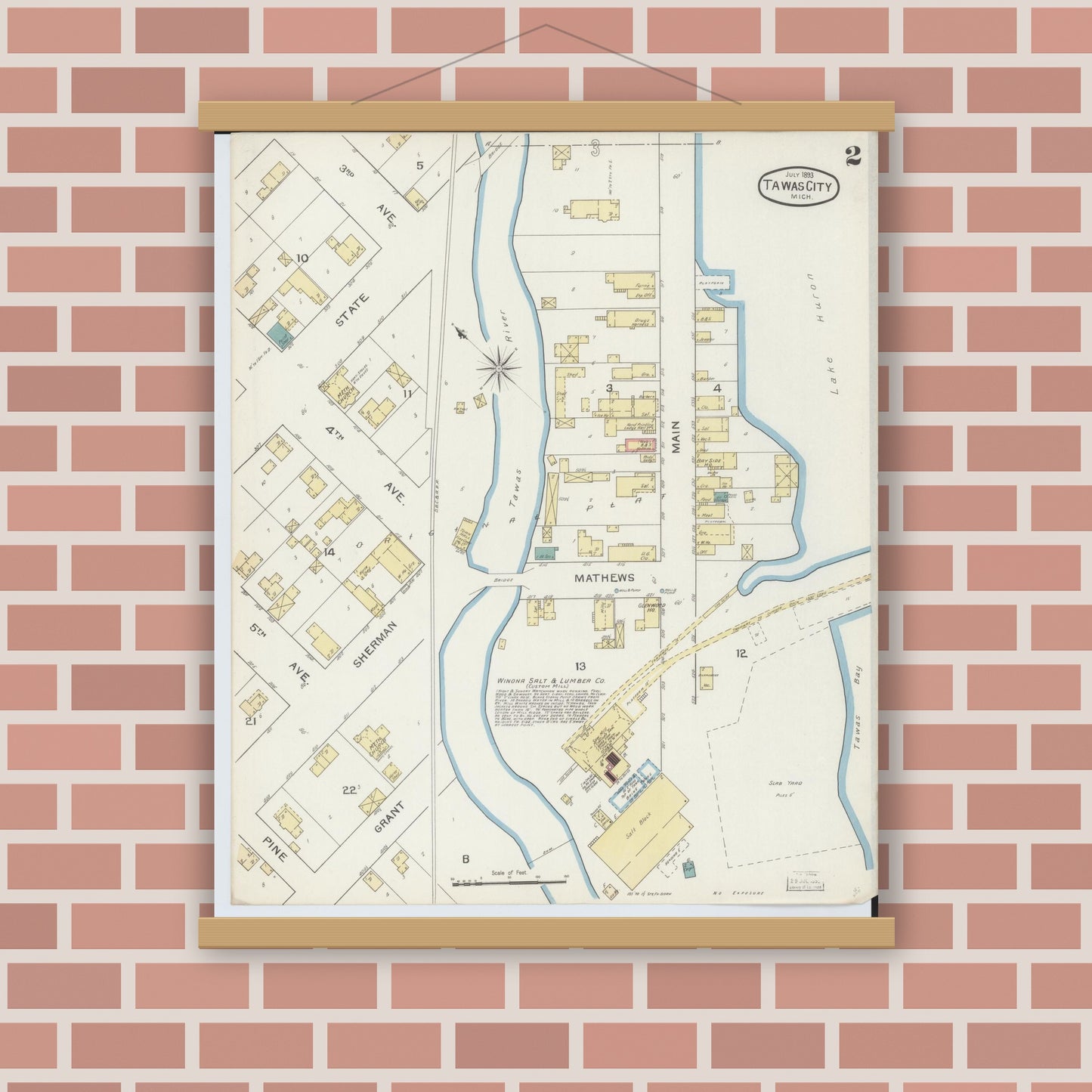 Old map wall art mockup — magnetic wood frame on brick wall — Sanborn Fire Insurance Map from East Tawas, Iosco County, Michigan (1893), Sheet #0002