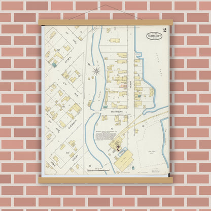 Old map wall art mockup — magnetic wood frame on brick wall — Sanborn Fire Insurance Map from East Tawas, Iosco County, Michigan (1893), Sheet #0002