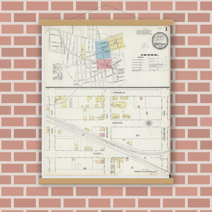 Old map wall art mockup — magnetic wood frame on brick wall — Sanborn Fire Insurance Map from Winfield, Queens County, New York (1893), Sheet #0001