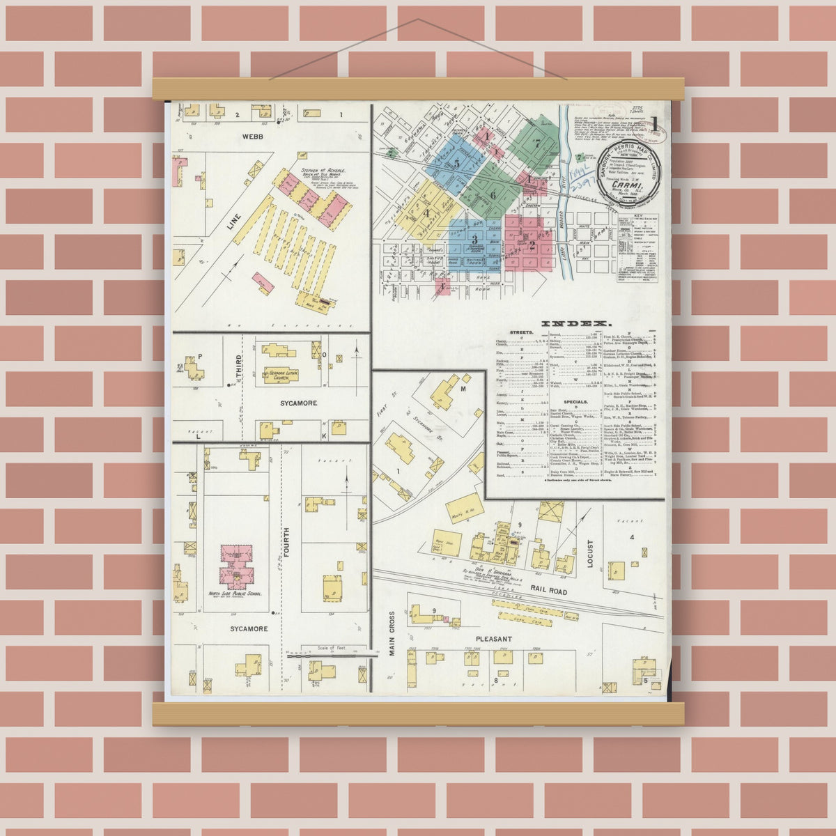 Old map wall art mockup — magnetic wood frame on brick wall — Sanborn Fire Insurance Map from Carmi, White County, Illinois (1899) - Complete Map Set