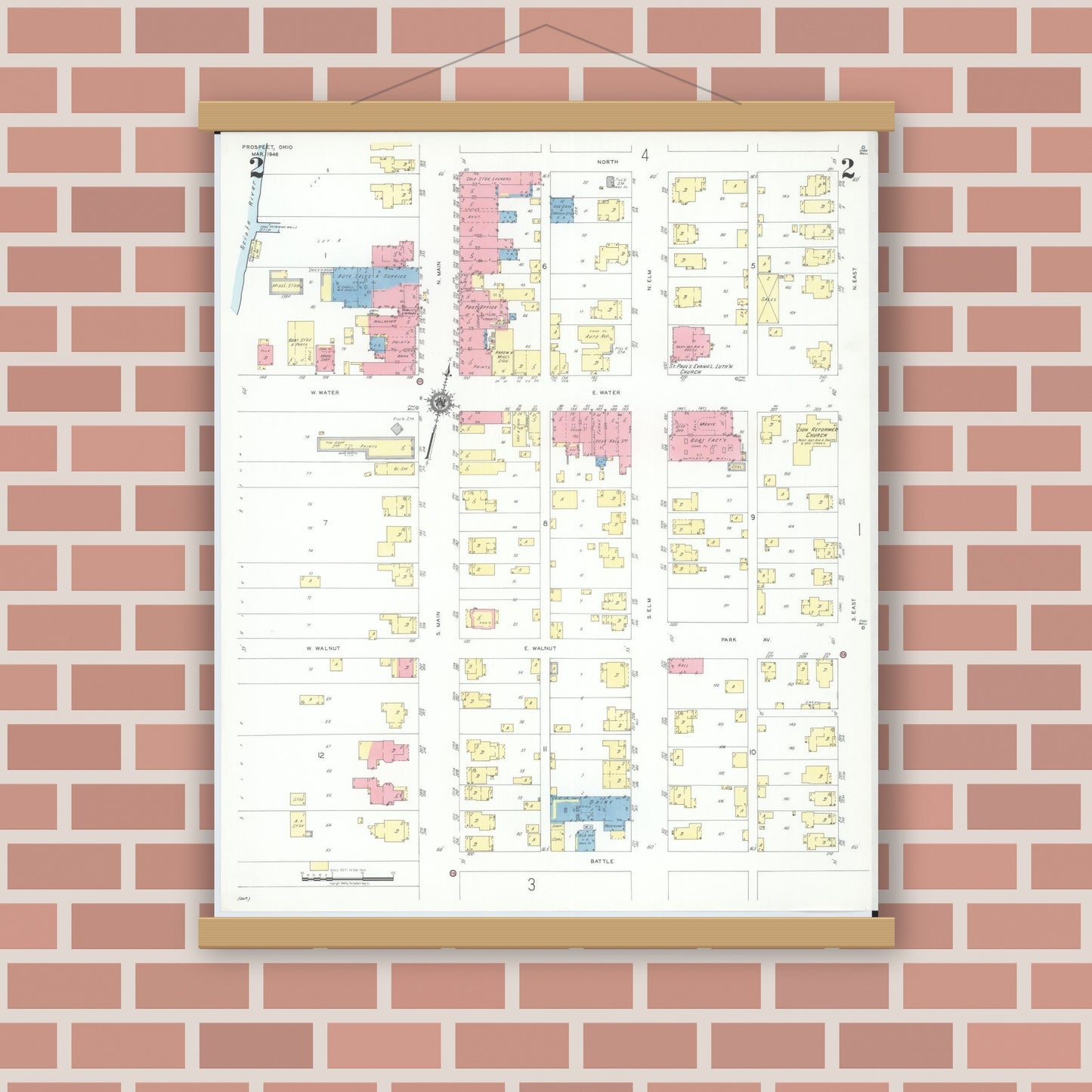 Old map wall art mockup — magnetic wood frame on brick wall — Sanborn Fire Insurance Map from Prospect, Marion County, Ohio (1946), Sheet #0002