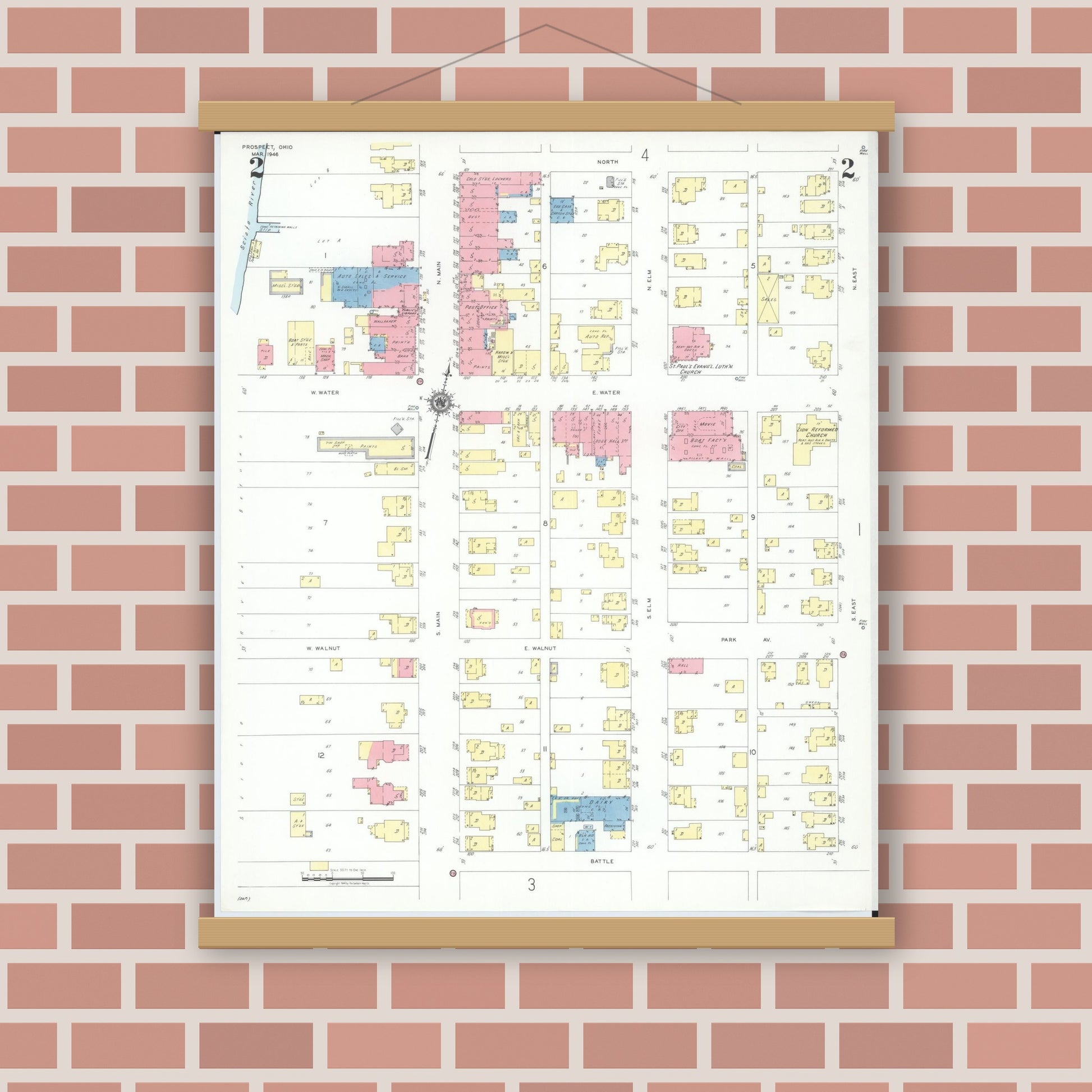 Old map wall art mockup — magnetic wood frame on brick wall — Sanborn Fire Insurance Map from Prospect, Marion County, Ohio (1946), Sheet #0002