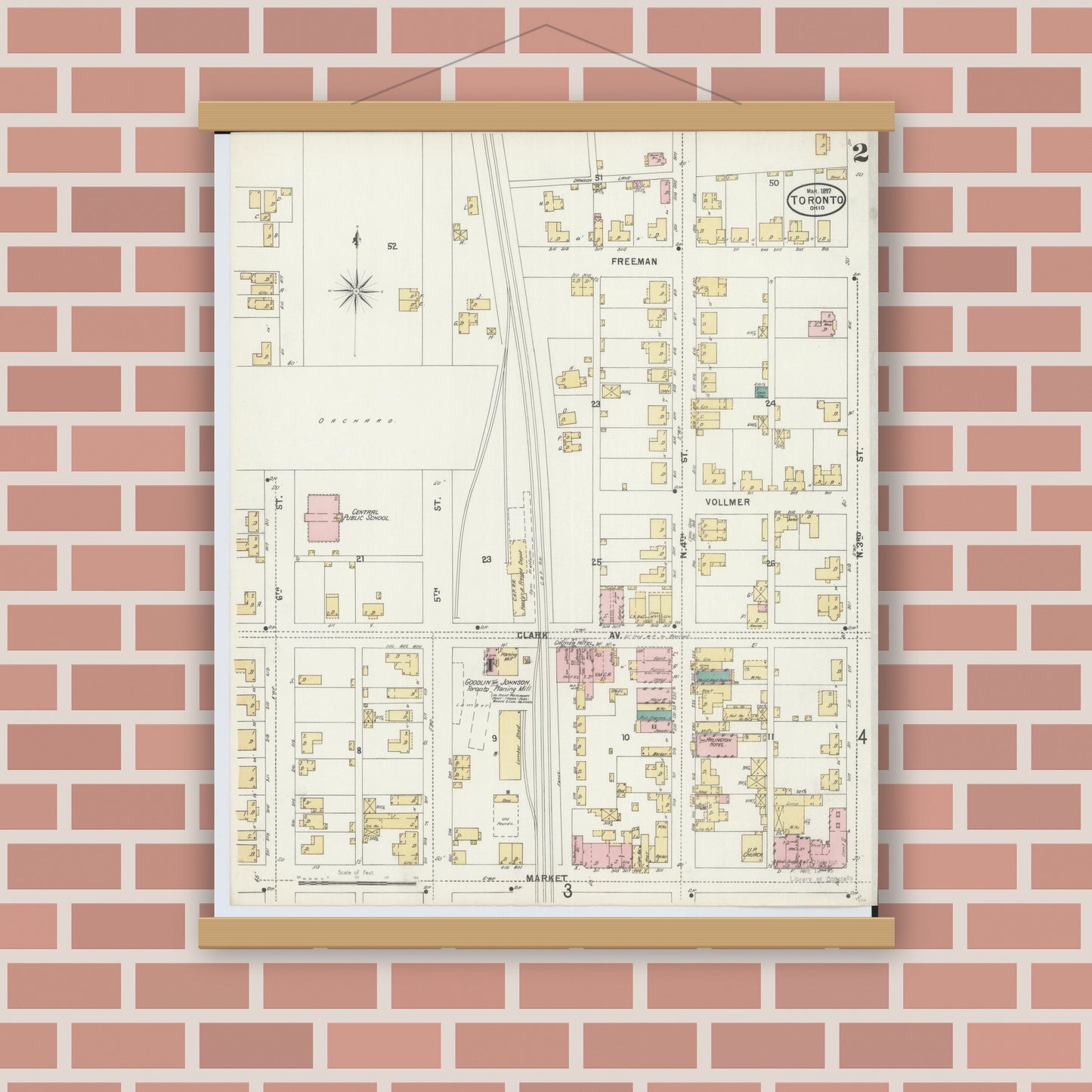 Old map wall art mockup — magnetic wood frame on brick wall — Sanborn Fire Insurance Map from Toronto, Jefferson County, Ohio (1897), Sheet #0002
